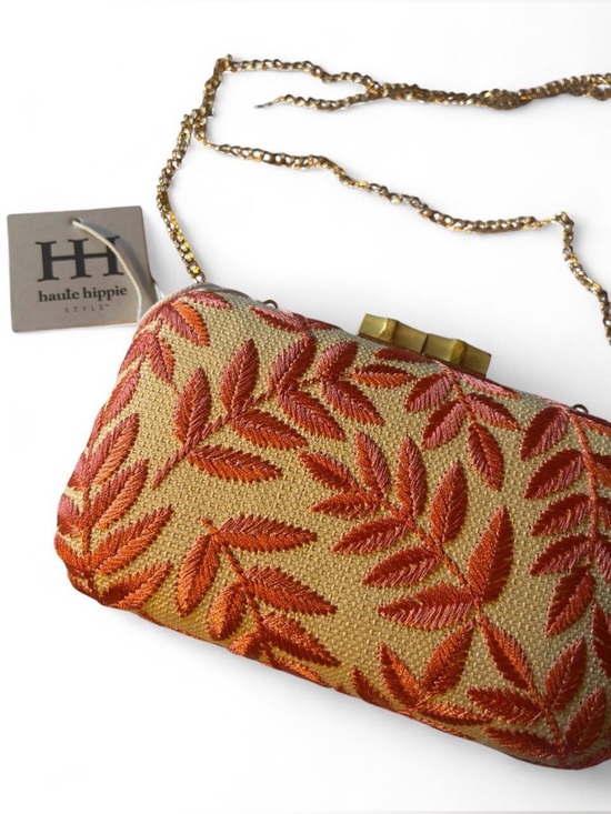 Haute Hippie Handbags - Haute Hippie Gold Clutch with Orange Leaf Embroidery